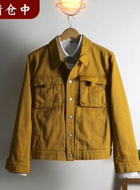 [夹克外套多选]复古工装风微厚短款斜纹牛仔布亮黄色修身机车夹克