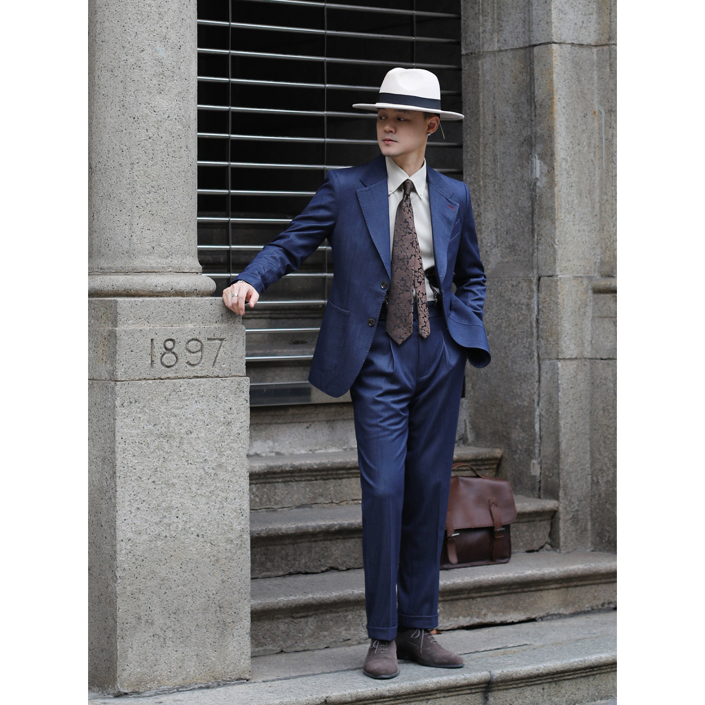 意式那不勒斯雅痞绅士新郎结婚西装 日常牛仔蓝修身西服两件套装