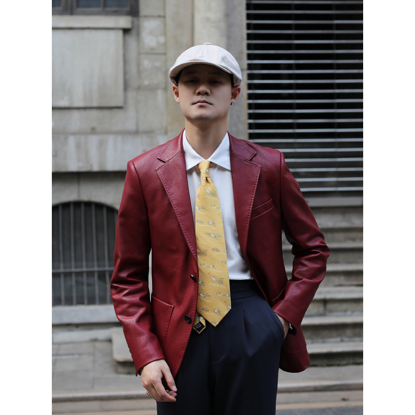 英伦复古红色机车修身PU皮衣西服 复古港风怀旧主持演出西装外套