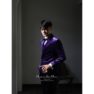 英伦复古绅士丝绒戗驳领双排扣礼服高级感宴会结婚新郎塔士多西装