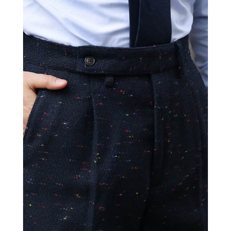 英伦复古人字纹羊毛粗花呢 修身小直筒收腿彩点深蓝厚款毛呢西裤