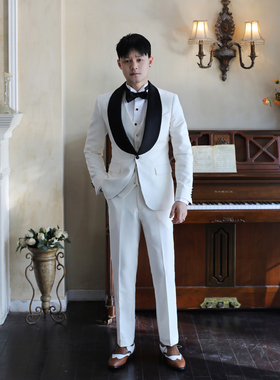欧美风黑色青果领撞色米白色塔士多宴会结婚新郎礼服西服两件套装