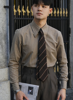 复古大尖领抗皱修身老钱风意式休闲 文艺雅痞百搭泡泡纱条纹衬衫