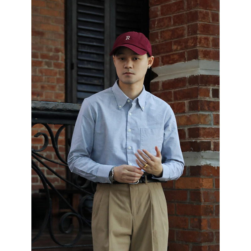 学院风纯棉口袋牛津纺衬衫美式常春藤ivy style修身尖领长袖衬衫