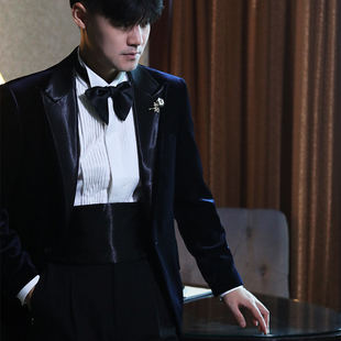 英式经典复古丝绒缎面拼接戗驳领结婚主持晚会正装塔士多西服礼服