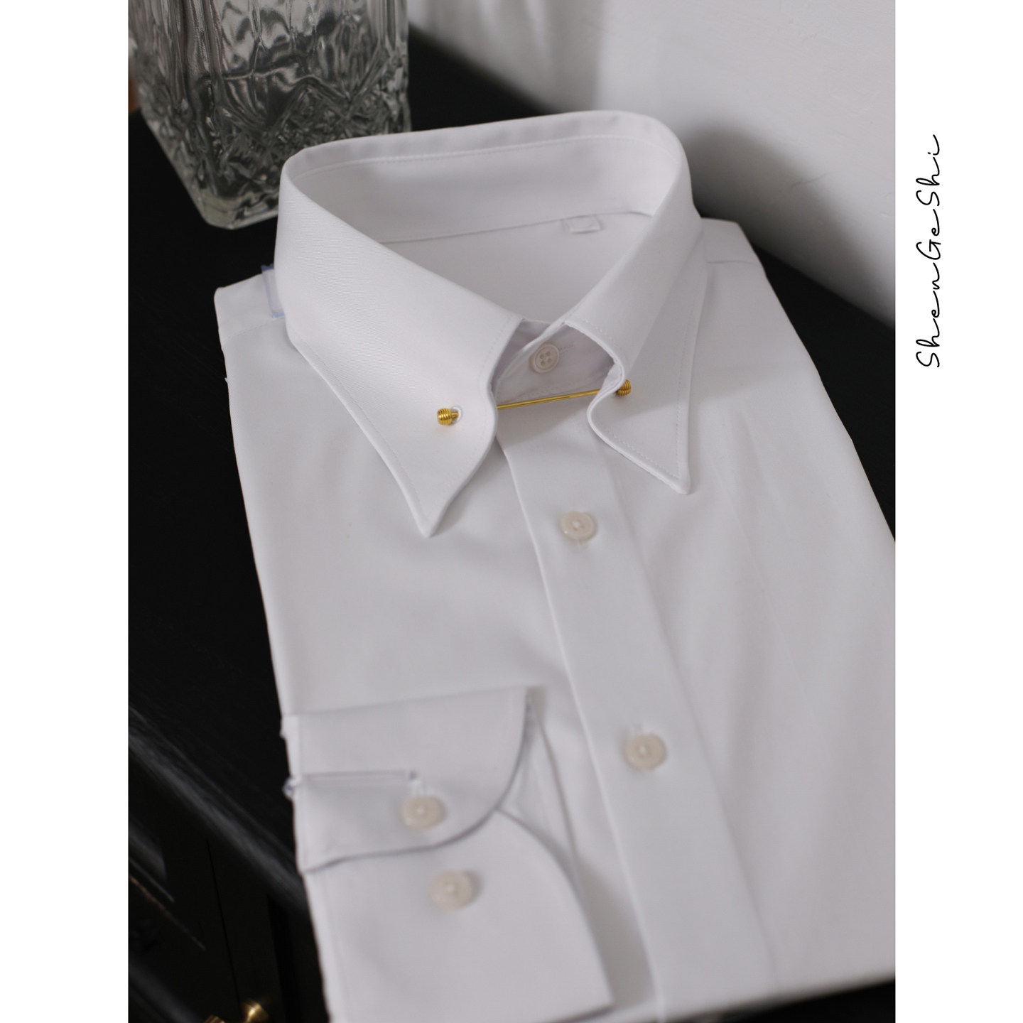 英伦风高级感帝国领绅士衬衫纯白色商务免烫领针装饰拼接修身衬衣