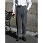 意式 西裤 那不勒斯复古高腰卷边长裤 厚宽磨毛羊毛毛呢保暖日常修身