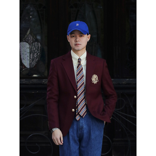 IVY学院风金扣布雷泽刺绣徽章西服 美式复古常春藤修身西装外套