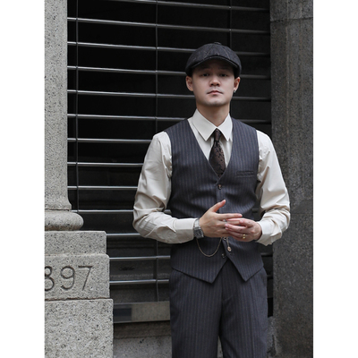 [两色] 英伦经典V领结婚新郎婚纱照浴血黑帮商务复古条纹修身马甲