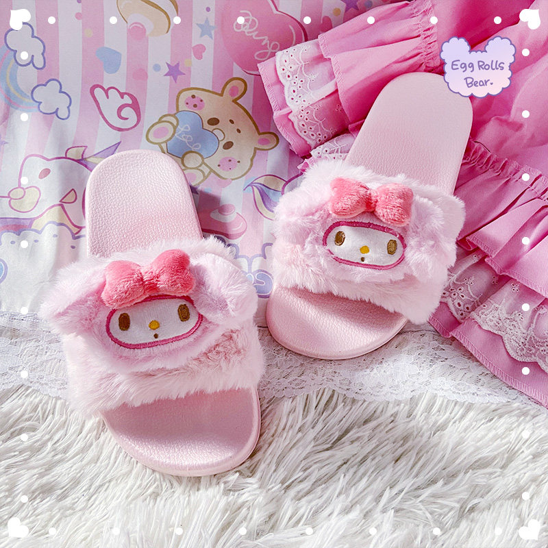 夏季新款日系卡通美乐蒂少女甜美平跟毛毛拖一字拖鞋粉色外穿lo鞋