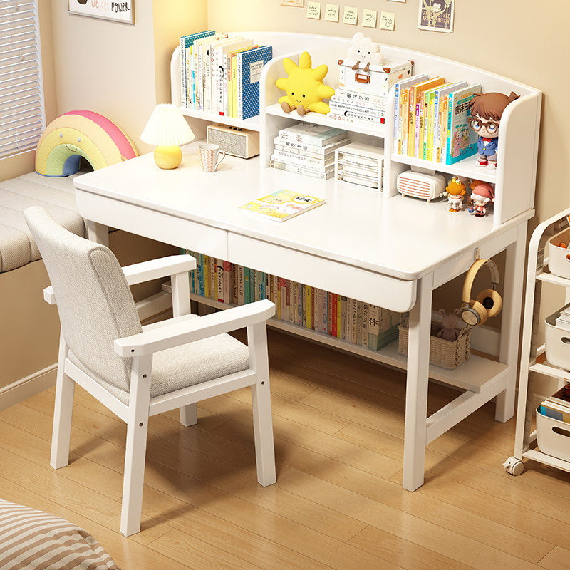 实木书桌书架一体小户型儿童学习桌简易学生写字桌子带抽屉经济型