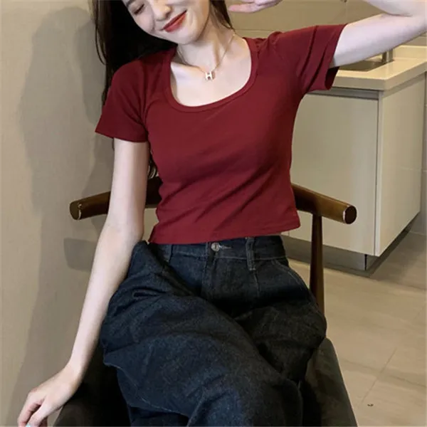 弹力人棉纯欲风U领T恤女短袖夏季修身显瘦辣妹露脐短款打底上衣in