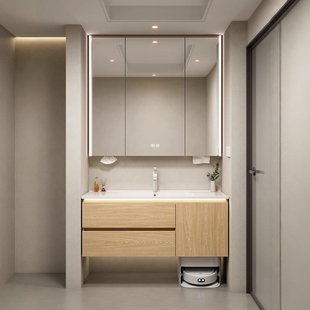 浴室柜陶瓷一体盆可放扫地机器人定制尺寸定做通顶到顶镜柜洗漱台