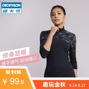 Decathlon thể thao Áo thun nữ dài tay mùa thu chạy thể dục quần áo nhanh khô quần áo đứng cổ áo bảy điểm tay áo thể thao thoáng khí mười - Áo phông thể thao