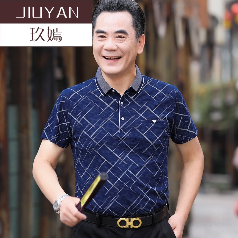 玖嫣夏季中年男士短袖t恤丝光棉宽松爸爸装薄款体恤中老年男装