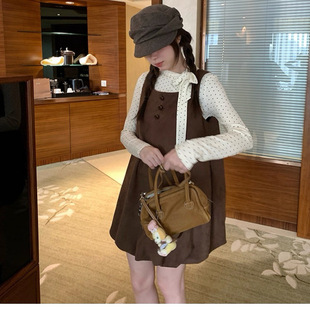 PtonUmi焦糖苞苞 棕色无袖花苞背心连衣裙女秋冬设计感复古裙子