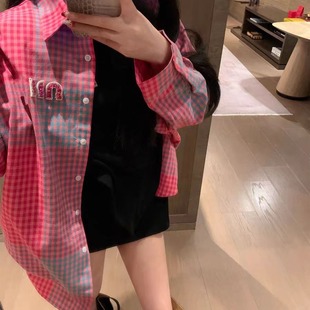 重工镶钻钉珠彩色格子衬衣女款2025新款爆款外套女多巴胺休闲衬衫