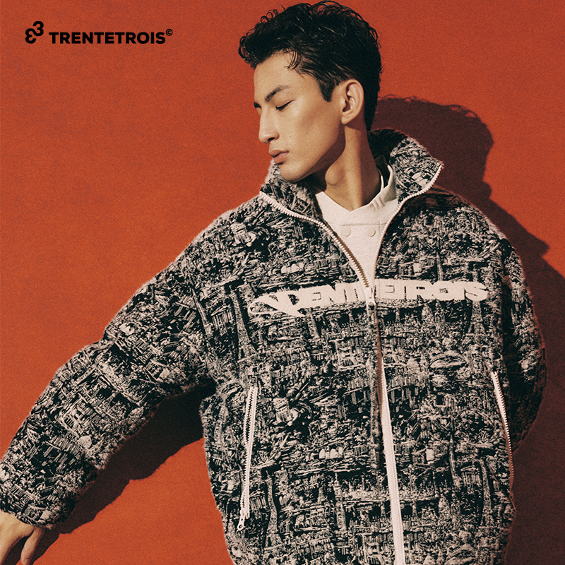 33潮牌立领羽绒服男轻质毛绒提花面料宽松休闲保暖外套