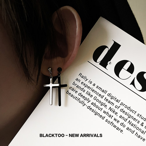 钛钢朋克情侣十字架耳钉