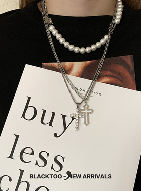 满钻十字架钛钢INS街头项链
