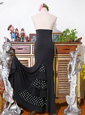 佛拉门戈弗flamenco下装裙女新款黑色高弹力挪威麻鱼尾裙DTT39