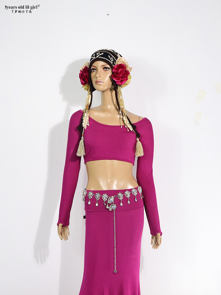 舞蹈服品牌设计肚皮舞套装 莫代尔人棉无肩扣指上衣 裙子AS61