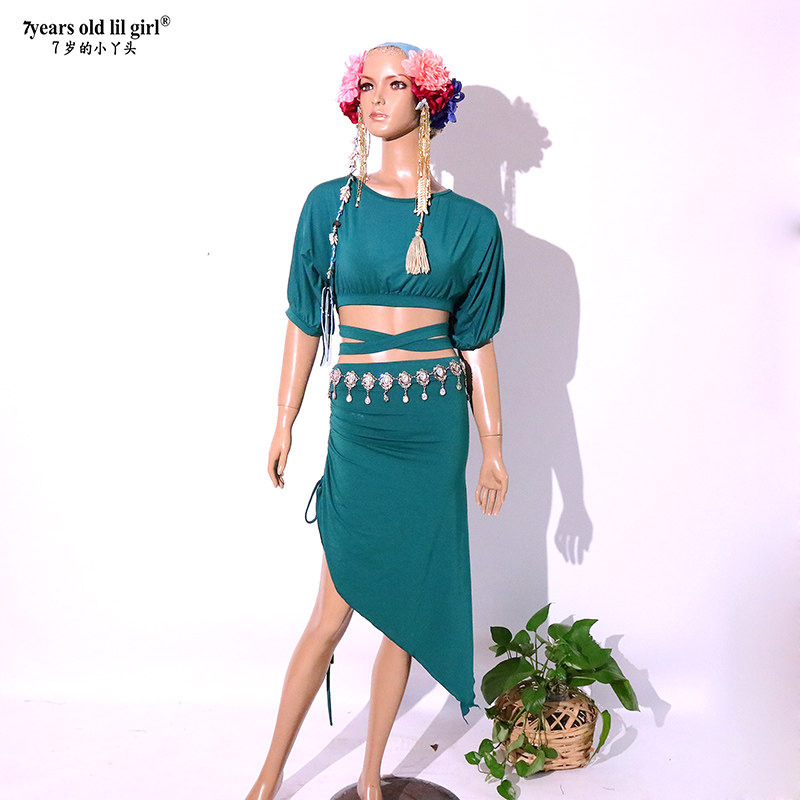 肚皮舞练功服套装新品莫代尔人棉绑带蝙蝠袖上衣抽皱包臀裙GOO53