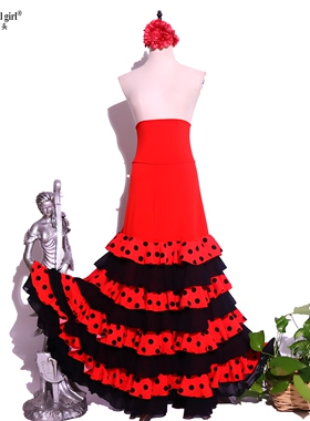 舞蹈服热销Flamenco佛拉门戈西班牙舞裙包臀八层荷叶边裙红色GD01