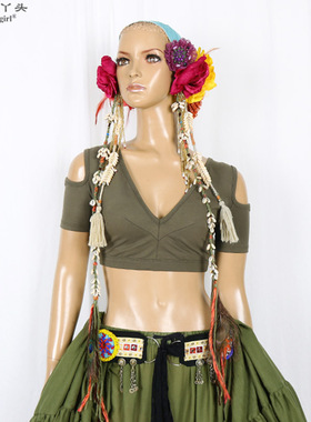 精品7岁的小丫头肚皮舞coli弹力棉V领露背开肩短袖上衣CFF0608