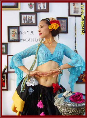 肚皮舞品牌原创 韩国蕾丝7分尖喇叭袖上衣DI15