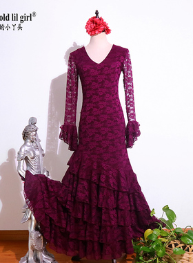 定制西班牙弗拉门戈练习演出服Flamengo热销V领蕾丝连衣舞裙DTT78