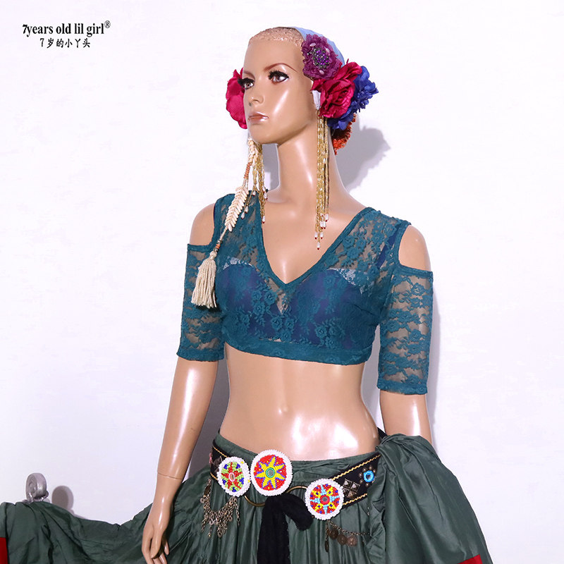 ATS肚皮舞秋丽choli2023新品韩国蕾丝V领露背开肩短袖上衣BBB19