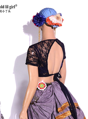 ATS部落肚皮舞Choli热销黑色2022新款韩国蕾丝露背短袖上衣BJ65