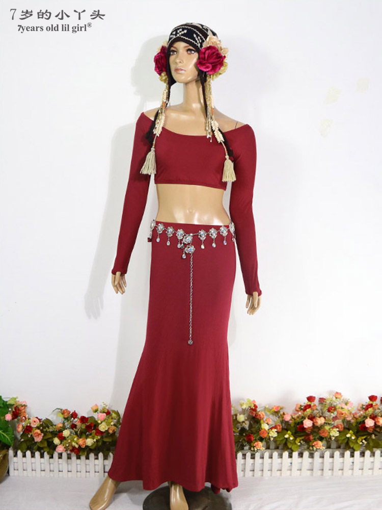 肚皮舞套装2019新款 进口莫代尔人棉无肩扣指上衣加裙子AS68