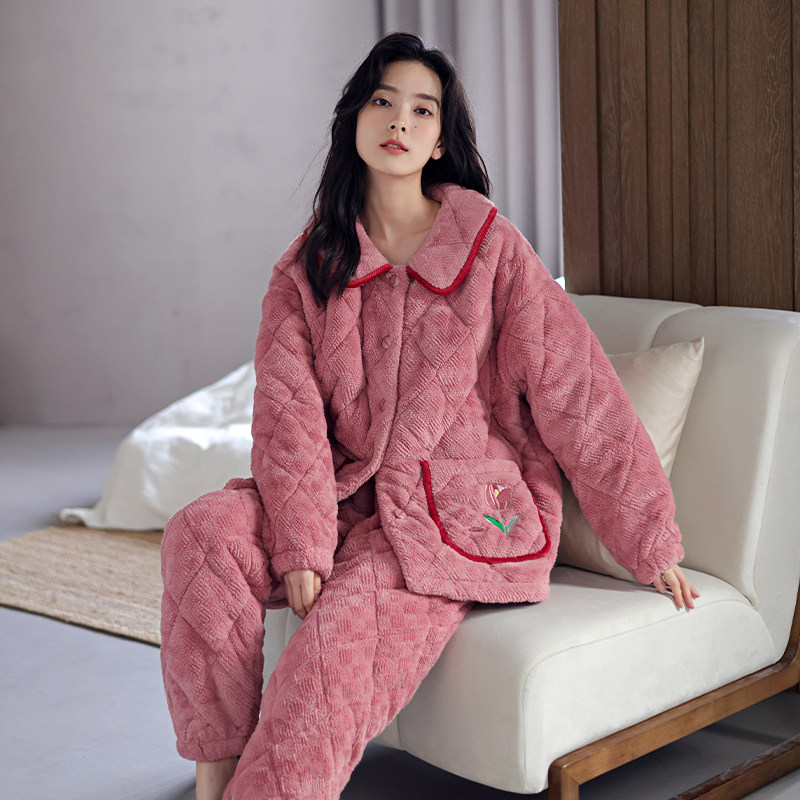 婷美秋冬款睡衣女三层夹棉加厚加绒冬季保暖珊瑚绒家居服外穿套装