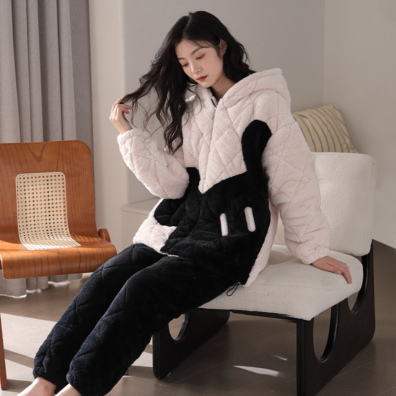 婷美连帽睡衣女士秋冬季加绒加厚珊瑚绒三层夹棉袄外穿家居服套装