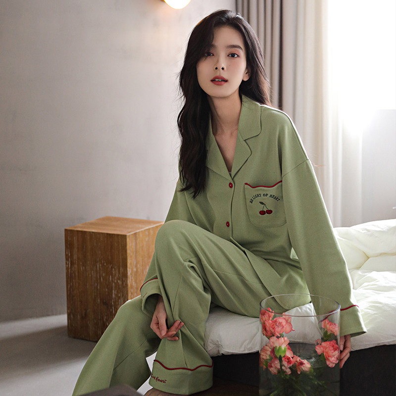 婷美秋冬款睡衣女士纯棉长袖简约纯色开衫春秋季可外穿家居服套装