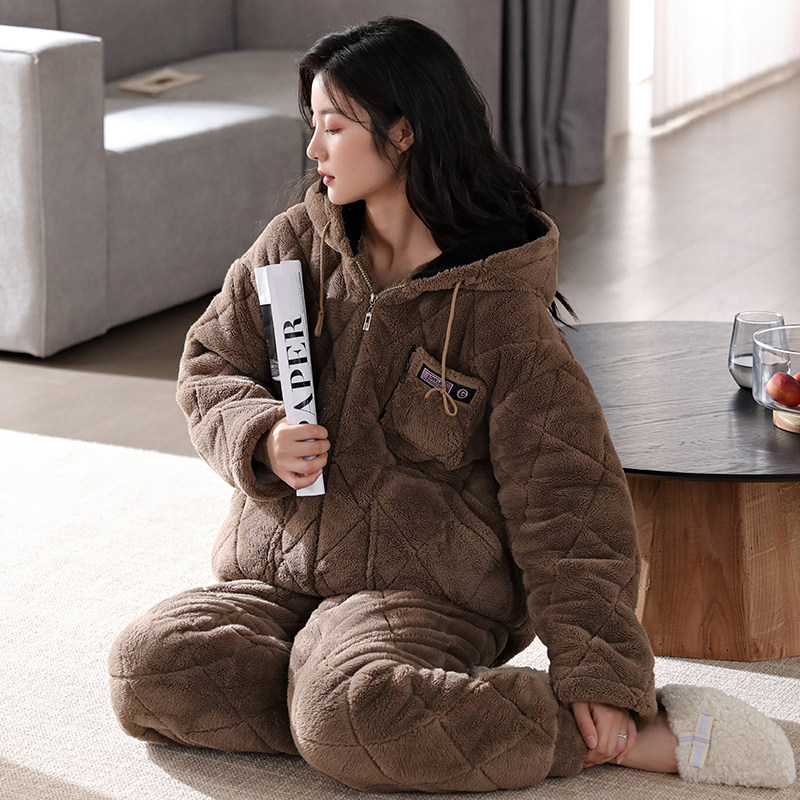 婷美睡衣女士冬天三层加绒加厚珊瑚绒夹棉袄保暖套装家居服秋冬季