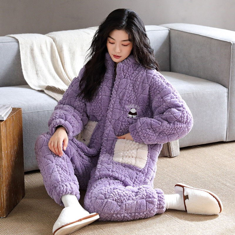 婷美冬季珊瑚绒睡衣女士三层夹棉加厚加绒保暖家居服宽松大码套装