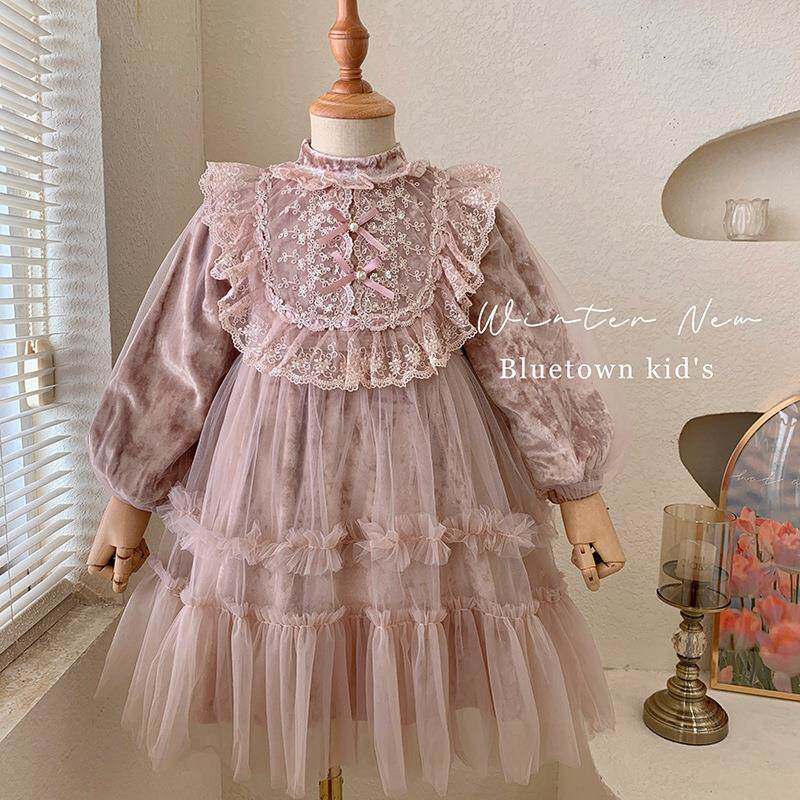 英国Next Naive女童连衣裙秋冬2024新款儿童加绒生日礼服女宝宝冬