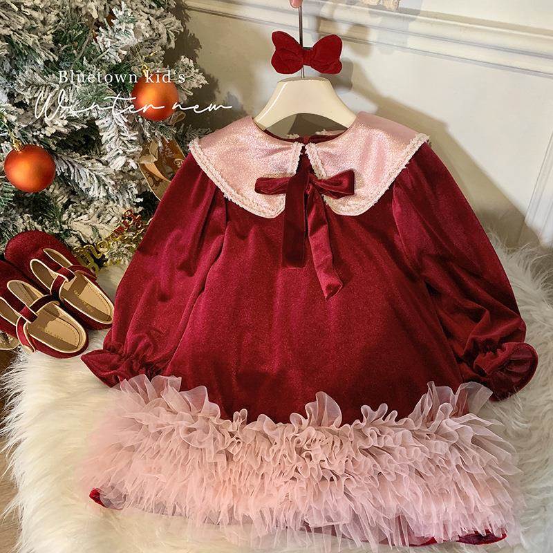 英国Next Naive女童生日裙子2025冬季女宝宝加绒丝绒连衣裙儿童圣