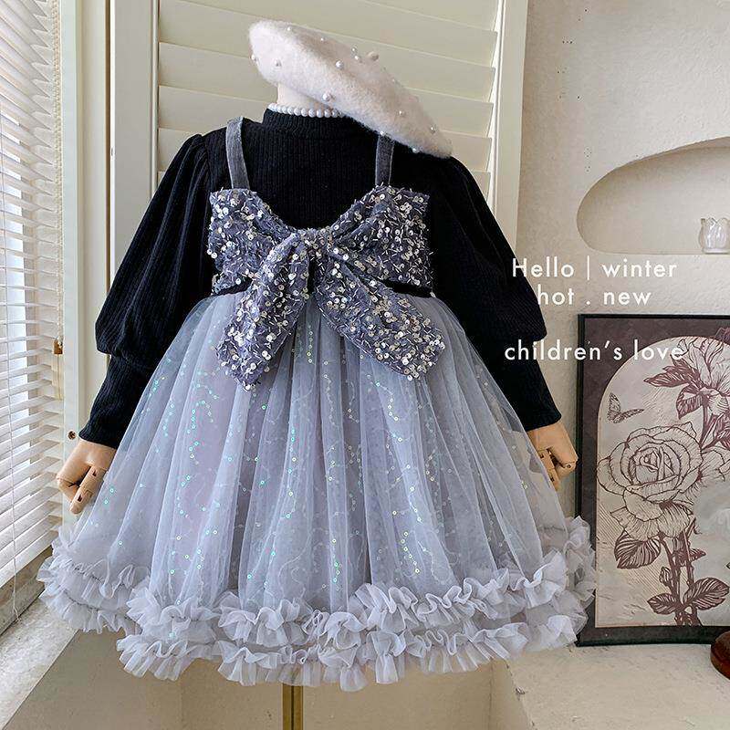 英国Next Naive女童连衣裙秋冬蝴蝶结网纱公主裙高级感袖子加厚裙