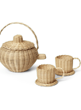 现货瑞典代购Ferm living茶壶茶杯套装藤条精美北欧风格玩具摆件