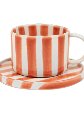 瑞典直邮Olsson石器马克杯饮水子乡村田园200ml咖啡杯碟条纹手绘