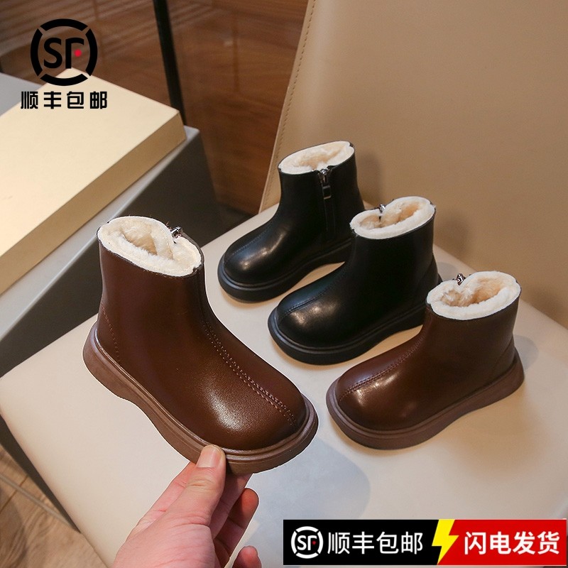 真皮女童马丁靴秋冬季新款儿童加绒皮靴英伦风公主短靴防滑保暖大