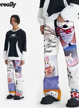 SUPEREALLY 慵懒可爱狗数码涂鸦设计感印花美式百搭直筒牛仔裤
