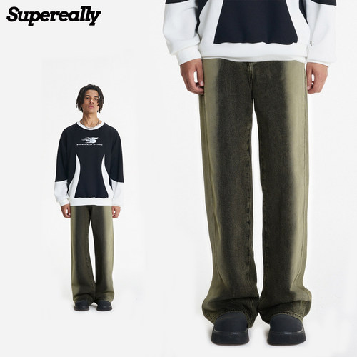 Supereally美式复古结构水洗设计百搭宽松休闲直筒牛仔裤男女同款