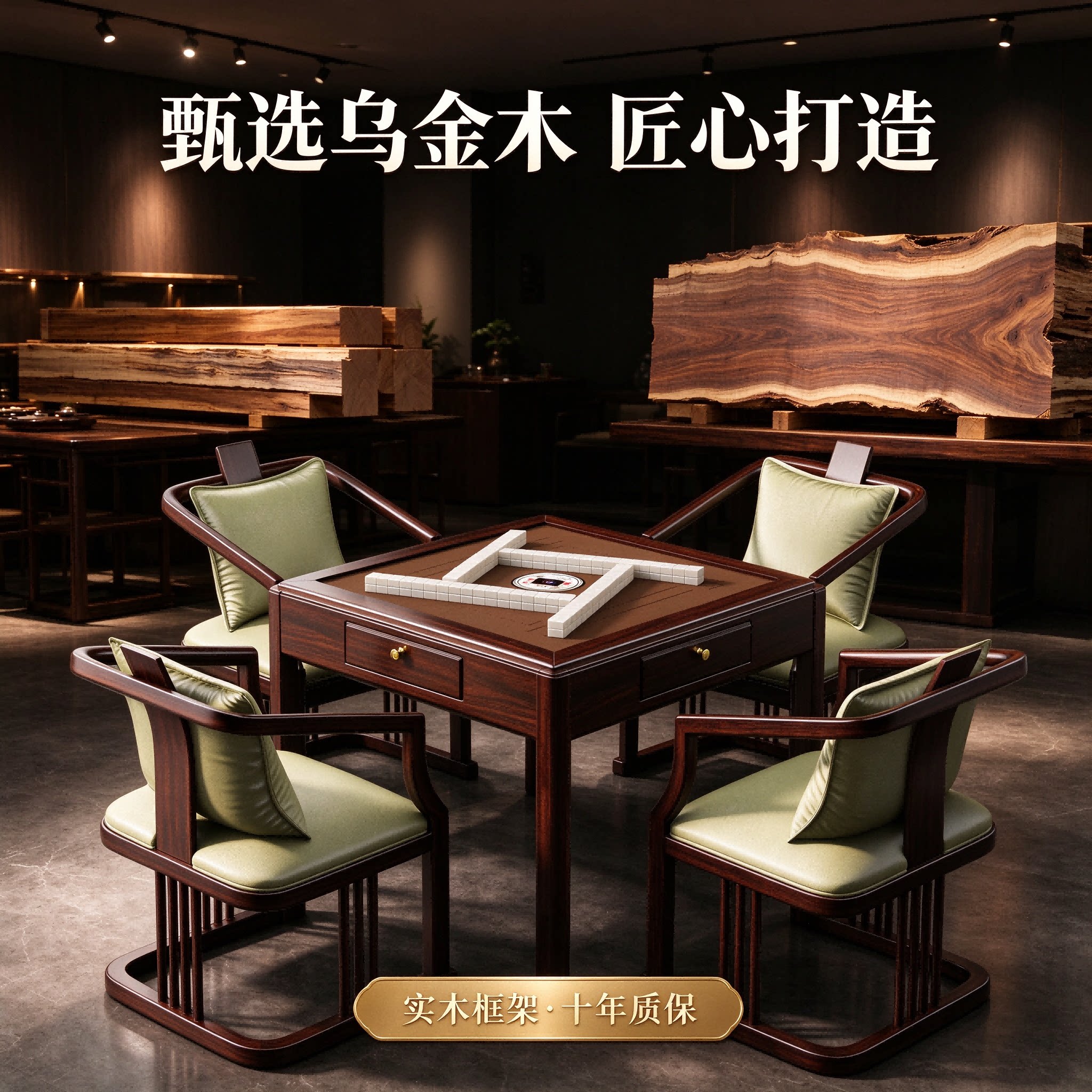 朗拓乌金木实木麻将机全自动餐桌两用家用高端新中式一体桌椅套装
