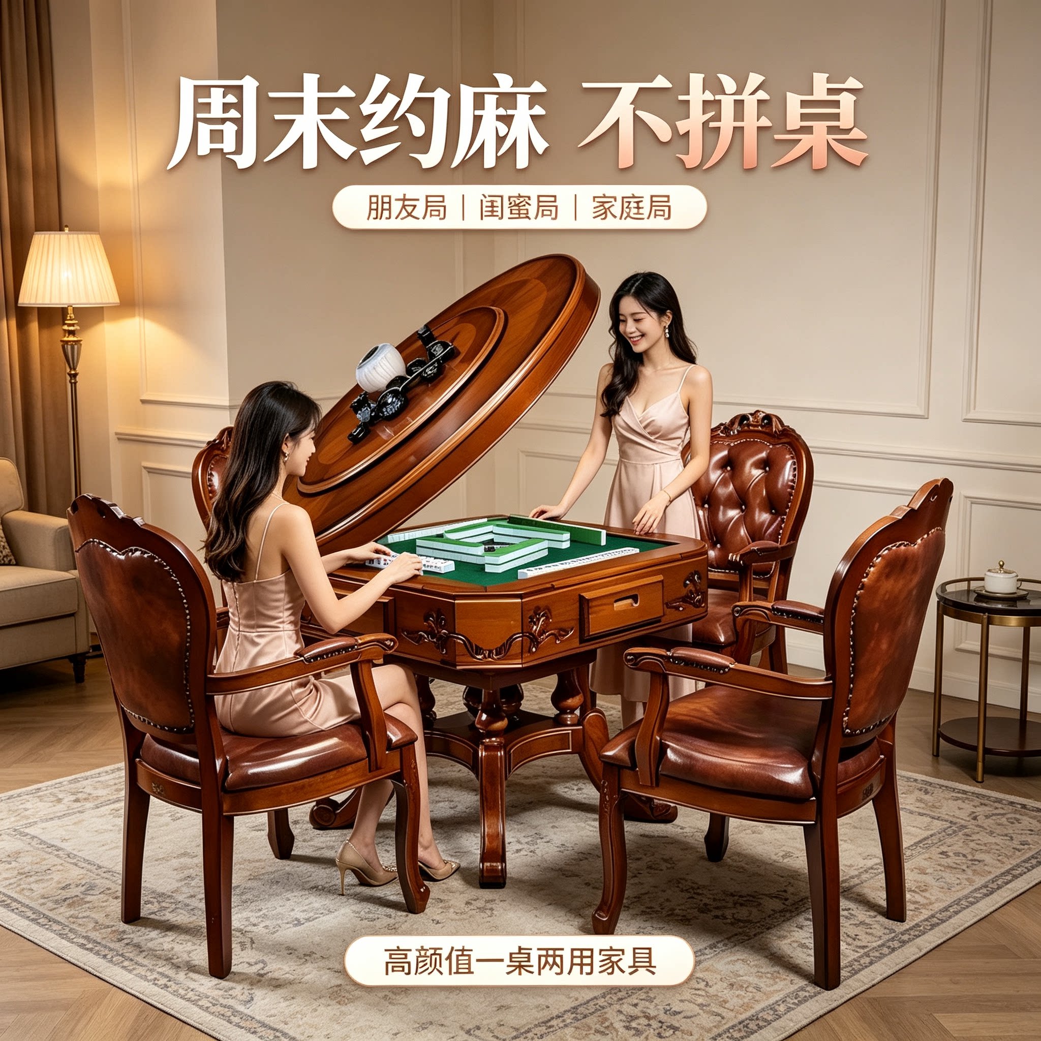 美式麻将桌餐桌两用自动麻将机高档实木圆桌家用多功能餐麻一体机