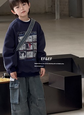 EF男女童装2025年冬款韩版宽松一体绒藏青色套头卫衣